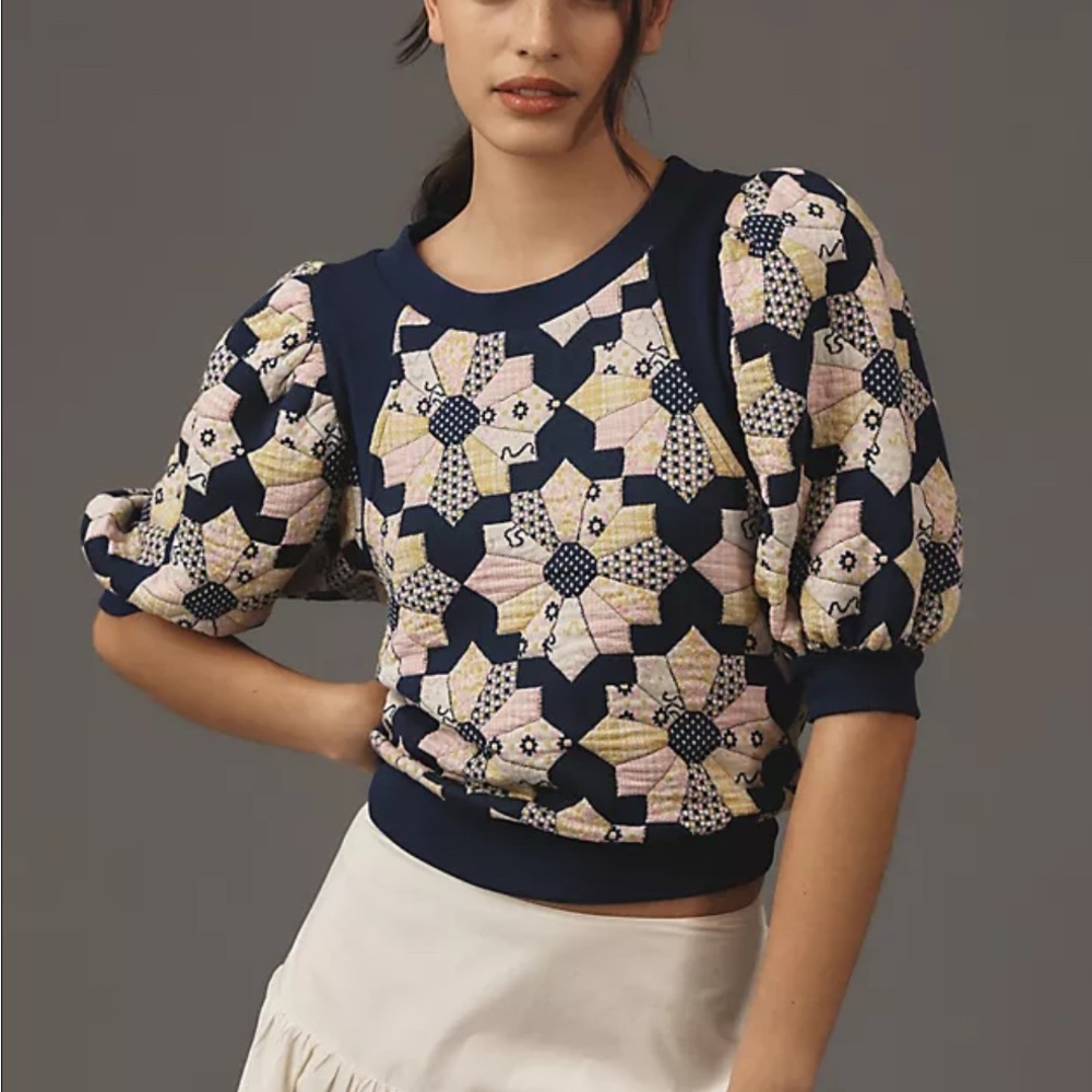 Maeve Navy and Cream Floral Puff Sleeve Sweatshirt
